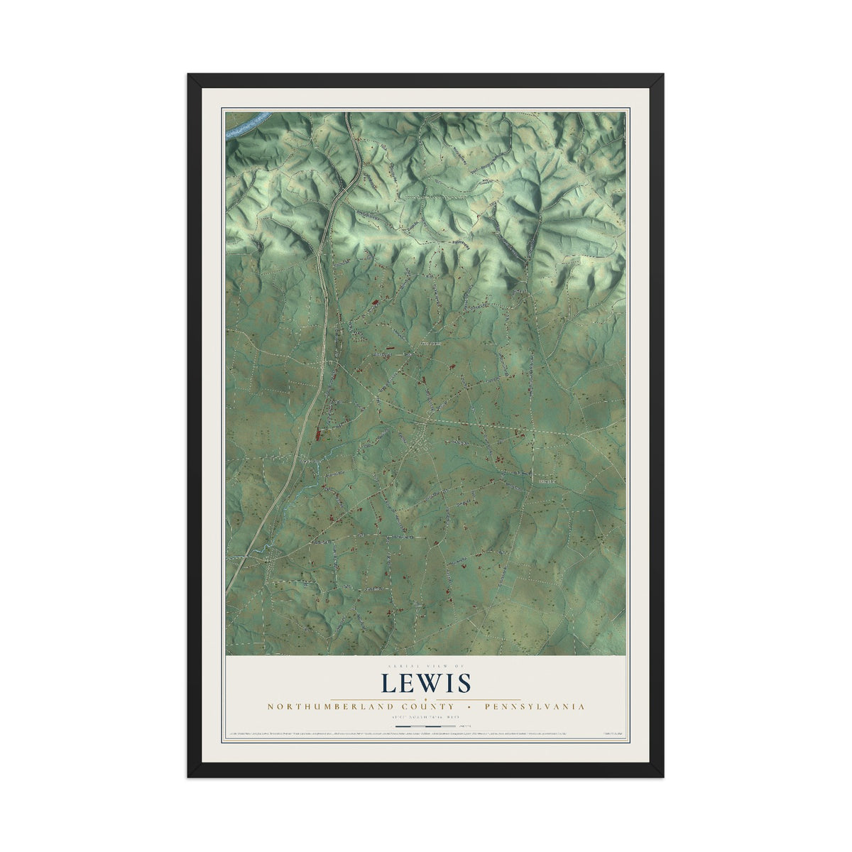 Map of Lewis, Northumberland County, Pennsylvania, 12 x 18 inch print in a black wood frame