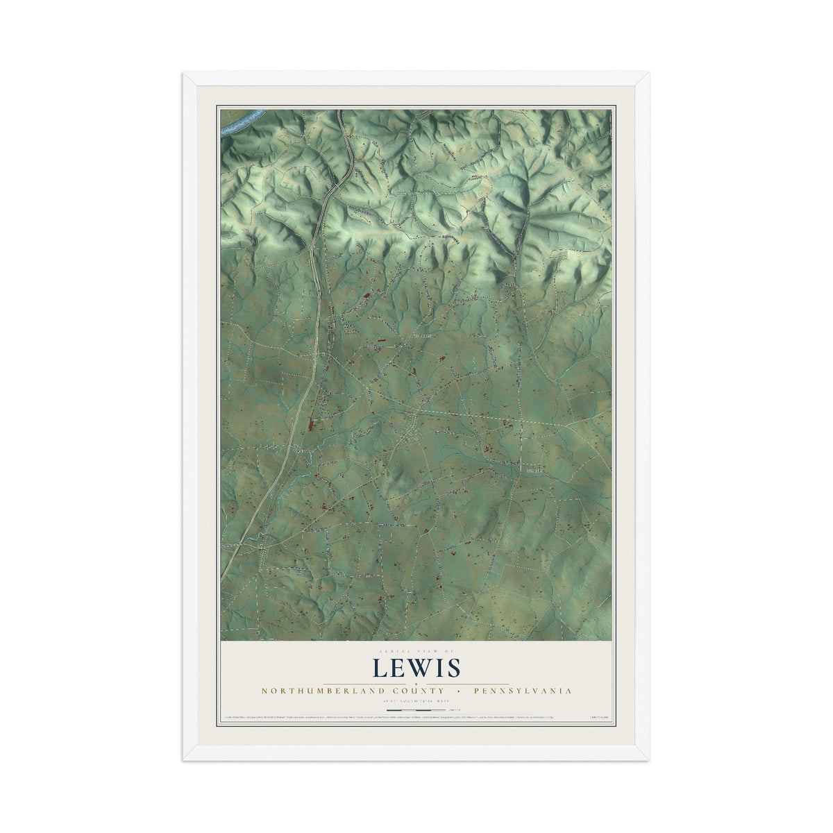 Map of Lewis, Northumberland County, Pennsylvania, 12 x 18 inch print in a white wood frame