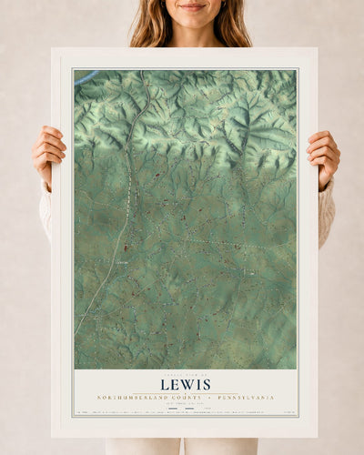 Map of Lewis, Northumberland County, Pennsylvania, 24 x 36 inch print in a white wood frame