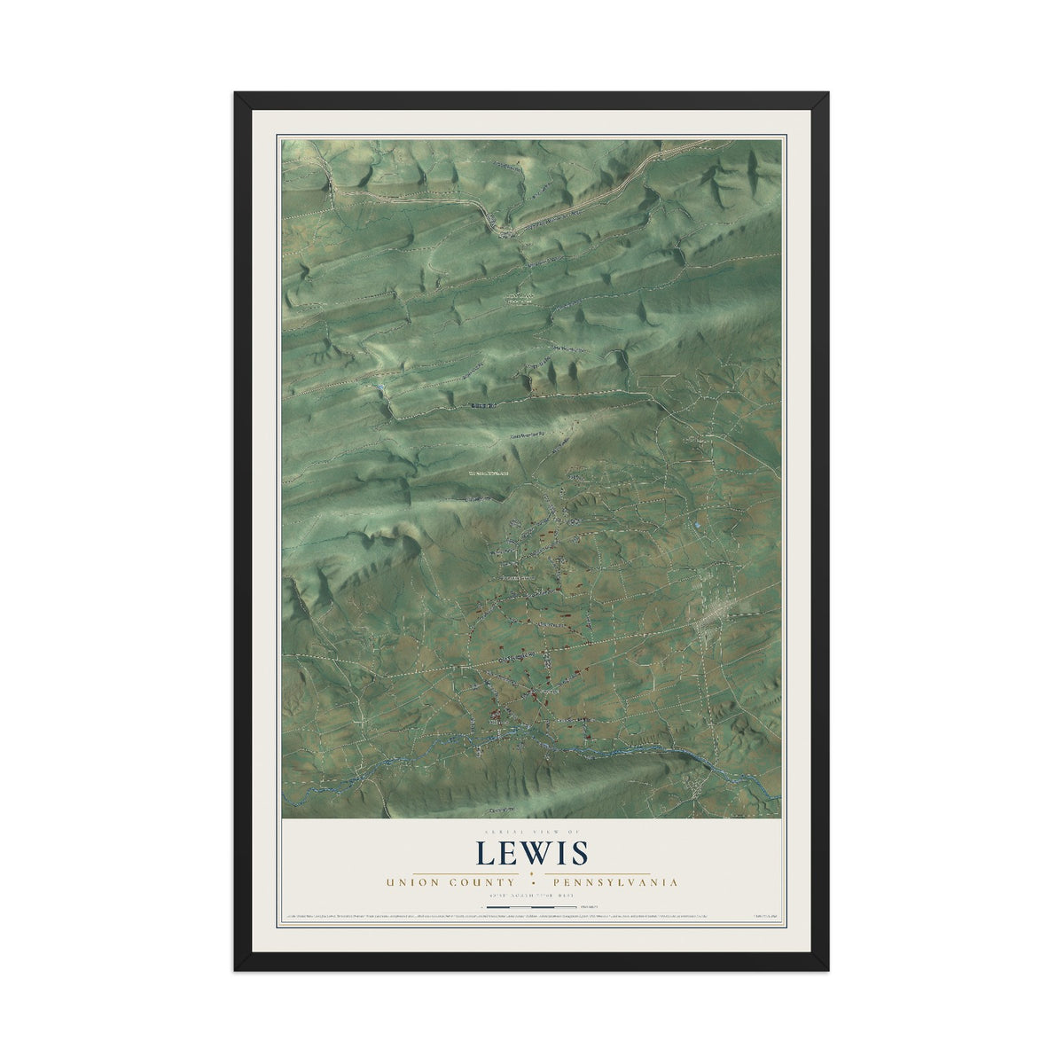 Map of Lewis, Union County, Pennsylvania, 12 x 18 inch print in a black wood frame