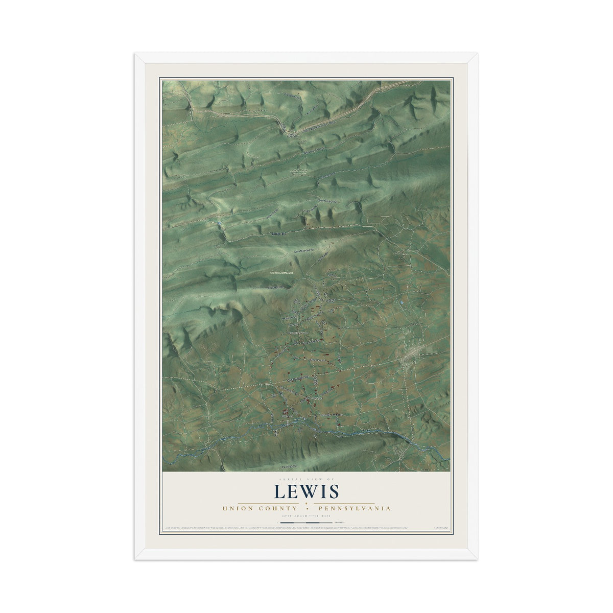 Map of Lewis, Union County, Pennsylvania, 12 x 18 inch print in a white wood frame