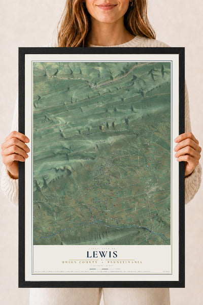 Map of Lewis, Union County, Pennsylvania, 18 x 24 inch print in a black wood frame