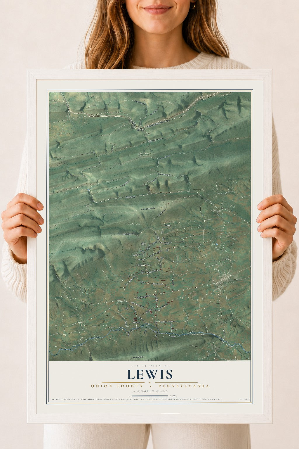 Map of Lewis, Union County, Pennsylvania, 18 x 24 inch print in a white wood frame