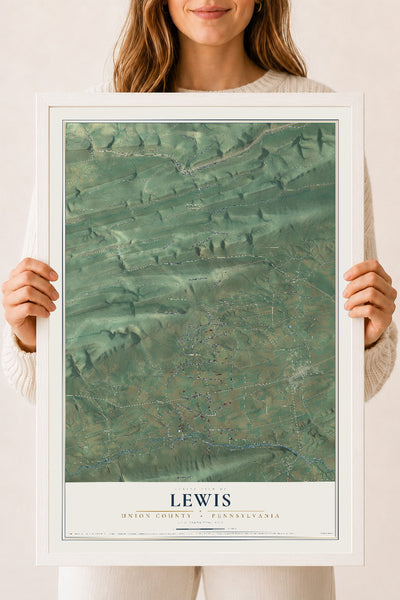 Map of Lewis, Union County, Pennsylvania, 18 x 24 inch print in a white wood frame