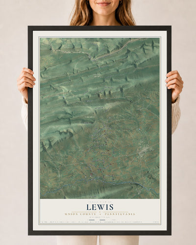 Map of Lewis, Union County, Pennsylvania, 24 x 36 inch print in a black wood frame