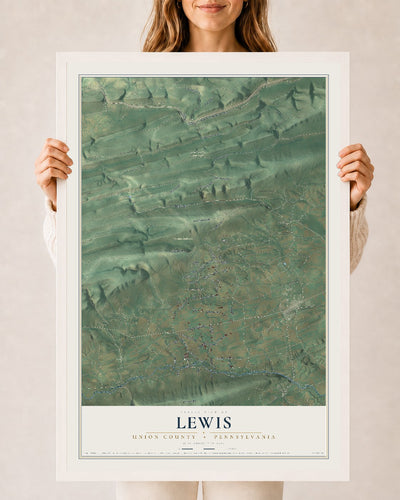 Map of Lewis, Union County, Pennsylvania, 24 x 36 inch print in a white wood frame