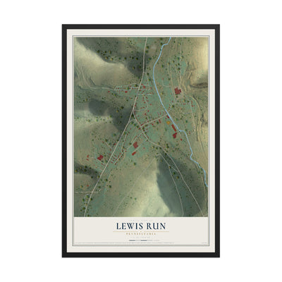 Map of Lewis Run, Pennsylvania, 12 x 18 inch print in a black wood frame