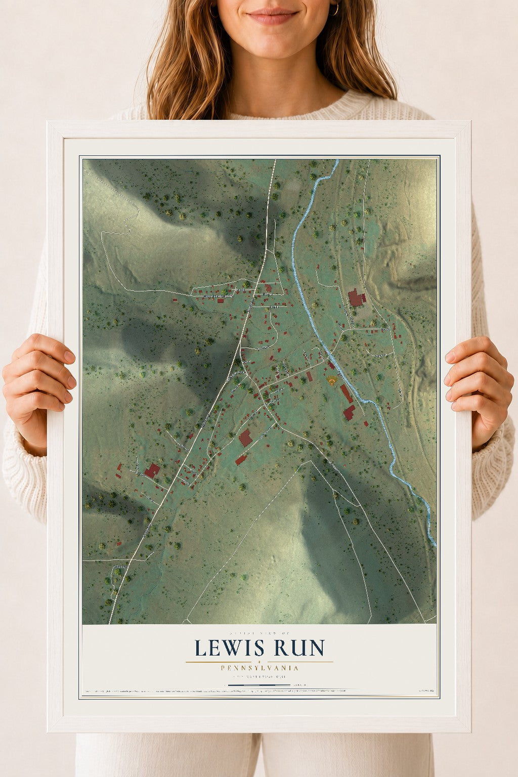 Map of Lewis Run, Pennsylvania, 18 x 24 inch print in a white wood frame