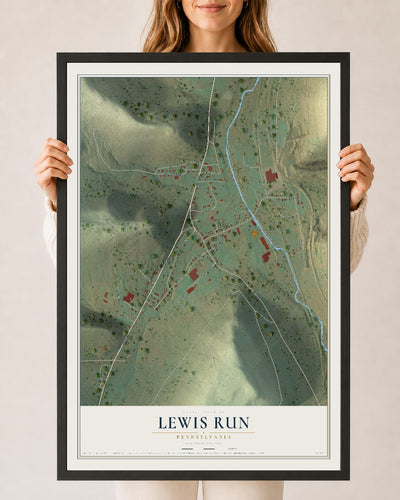 Map of Lewis Run, Pennsylvania, 24 x 36 inch print in a black wood frame