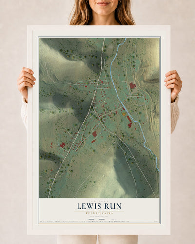Map of Lewis Run, Pennsylvania, 24 x 36 inch print in a white wood frame
