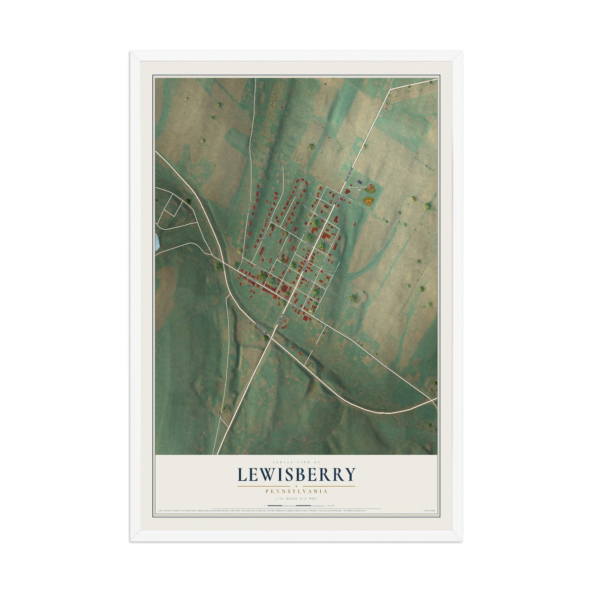 Map of Lewisberry, Pennsylvania, 12 x 18 inch print in a white wood frame