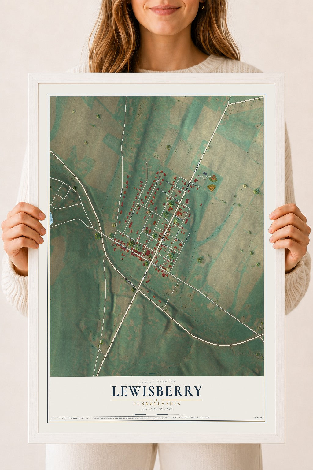 Map of Lewisberry, Pennsylvania, 18 x 24 inch print in a white wood frame