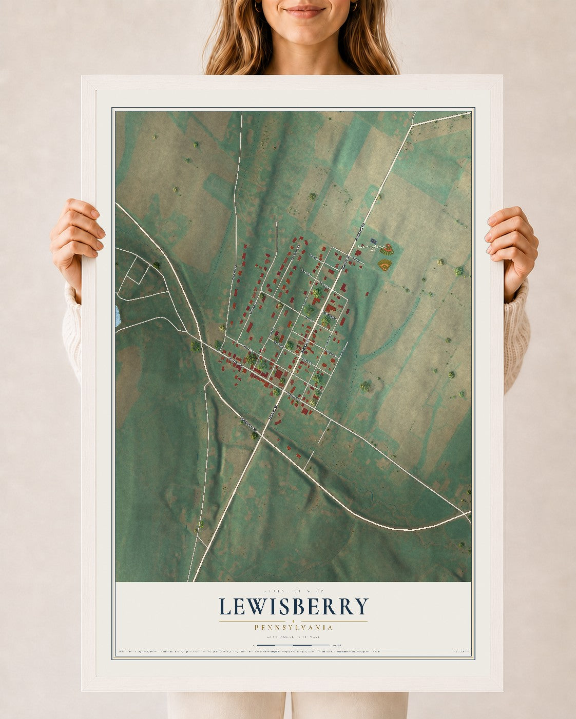 Map of Lewisberry, Pennsylvania, 24 x 36 inch print in a white wood frame