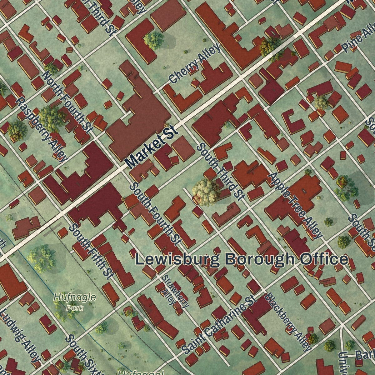 Close-up of the map of Lewisburg, Pennsylvania print showing street and building detail
