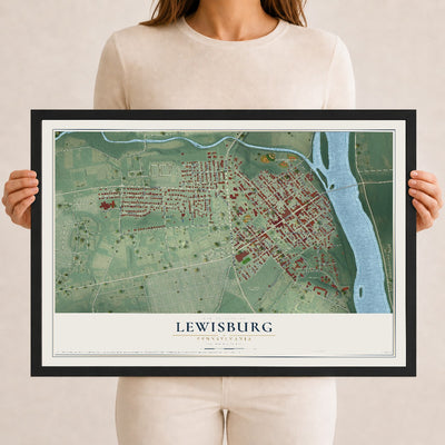 Map of Lewisburg, Pennsylvania, 12 x 18 inch print in a black wood frame