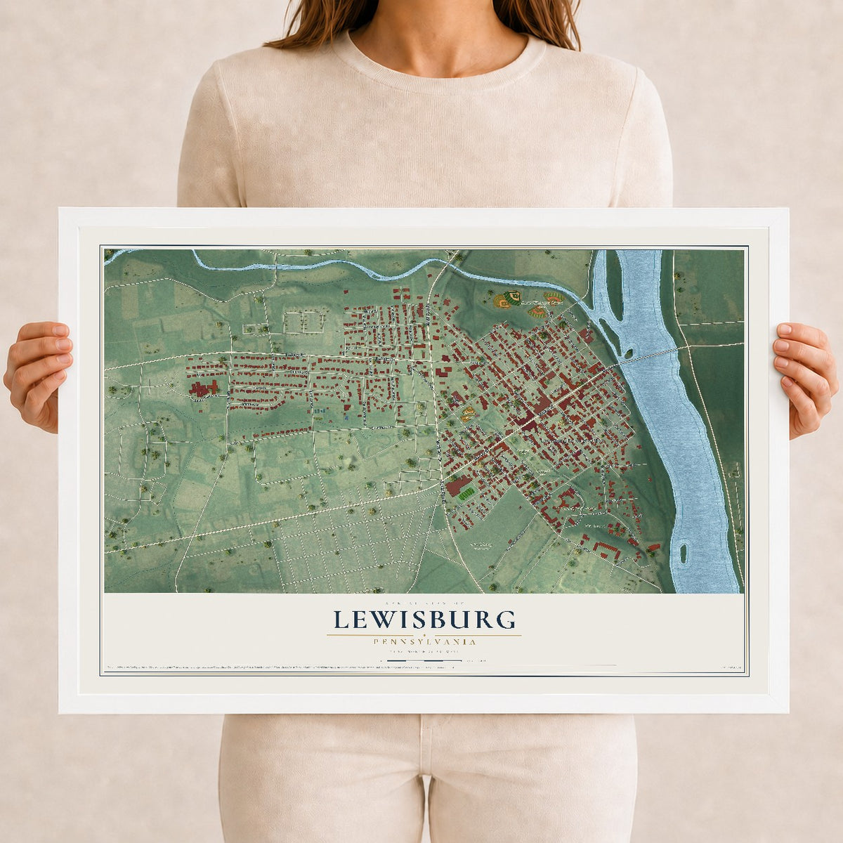 Map of Lewisburg, Pennsylvania, 12 x 18 inch print in a white wood frame