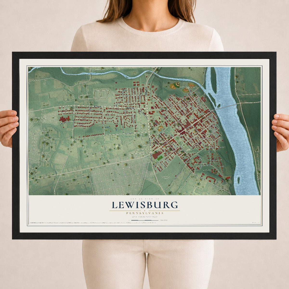 Map of Lewisburg, Pennsylvania, 18 x 24 inch print in a black wood frame