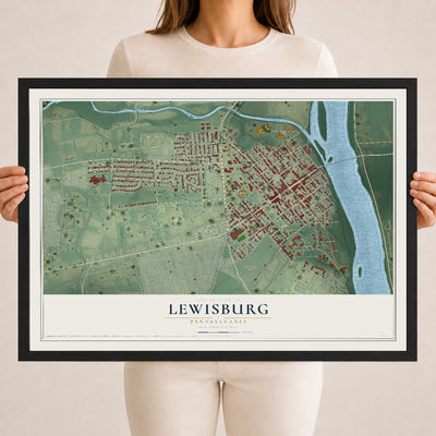 Map of Lewisburg, Pennsylvania, 18 x 24 inch print in a black wood frame