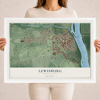 Map of Lewisburg, Pennsylvania, 18 x 24 inch print in a white wood frame