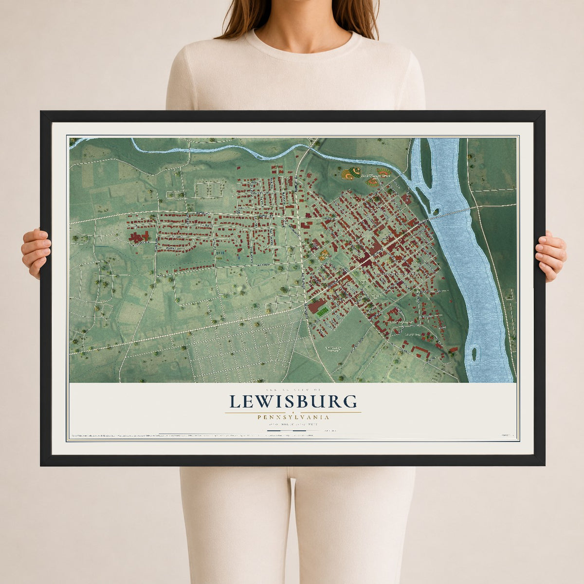 Map of Lewisburg, Pennsylvania, 24 x 36 inch print in a black wood frame