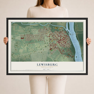 Map of Lewisburg, Pennsylvania, 24 x 36 inch print in a black wood frame