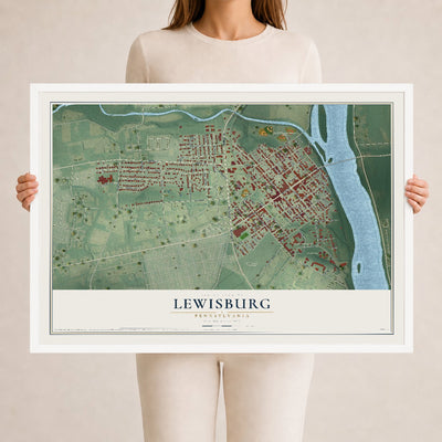 Map of Lewisburg, Pennsylvania, 24 x 36 inch print in a white wood frame
