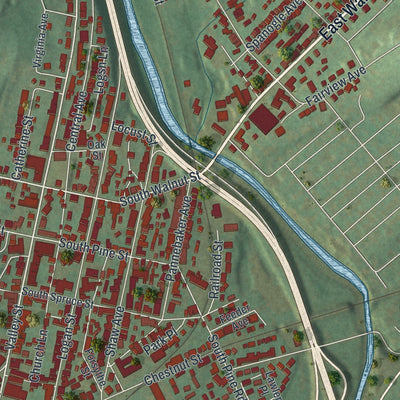 Close-up of the map of Lewistown, Pennsylvania print showing street and building detail