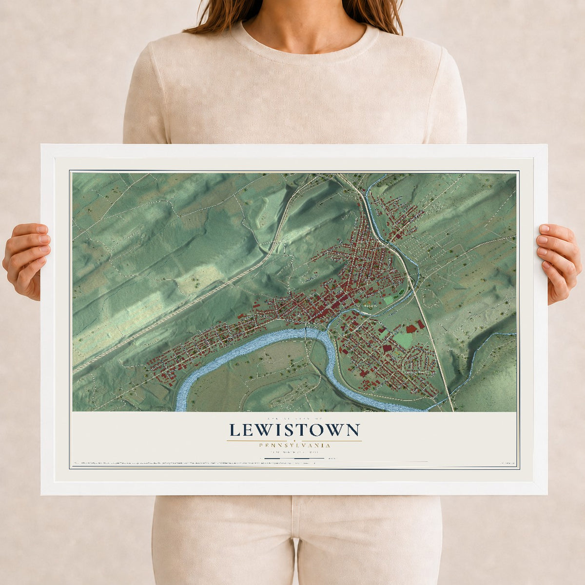 Map of Lewistown, Pennsylvania, 12 x 18 inch print in a white wood frame