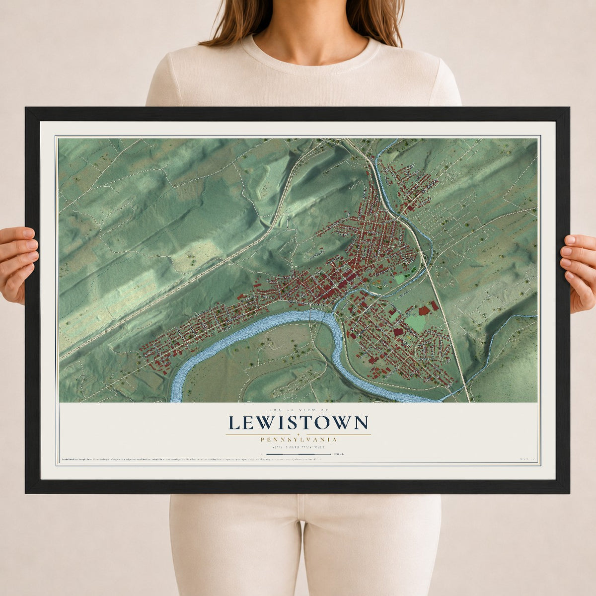 Map of Lewistown, Pennsylvania, 18 x 24 inch print in a black wood frame