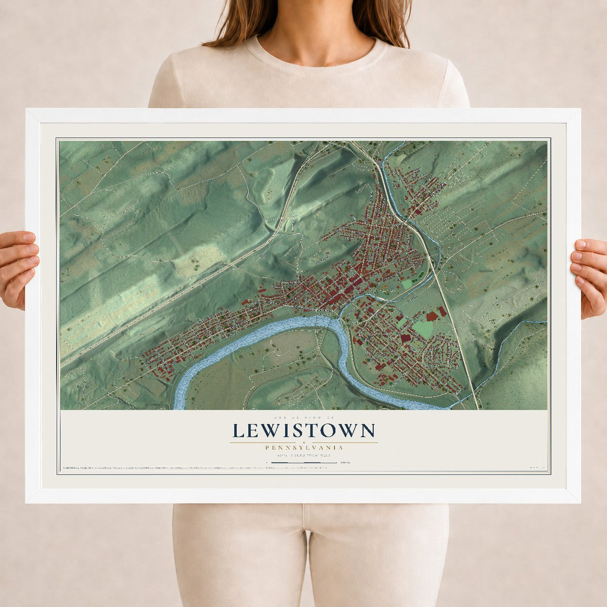 Map of Lewistown, Pennsylvania, 18 x 24 inch print in a white wood frame