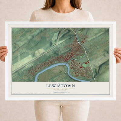 Map of Lewistown, Pennsylvania, 18 x 24 inch print in a white wood frame
