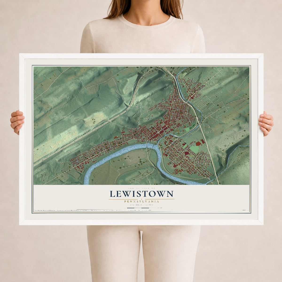Map of Lewistown, Pennsylvania, 24 x 36 inch print in a white wood frame