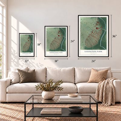 Lexington Park, Pennsylvania map in 12 x 18, 18 x 24 and 24 x 36 inch sizes above a sofa