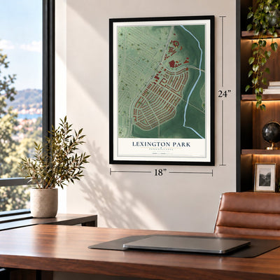 Lexington Park, Pennsylvania map, 18 x 24 inch print in a black frame in a home office