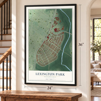 Lexington Park, Pennsylvania map, 24 x 36 inch print in a black frame by a staircase