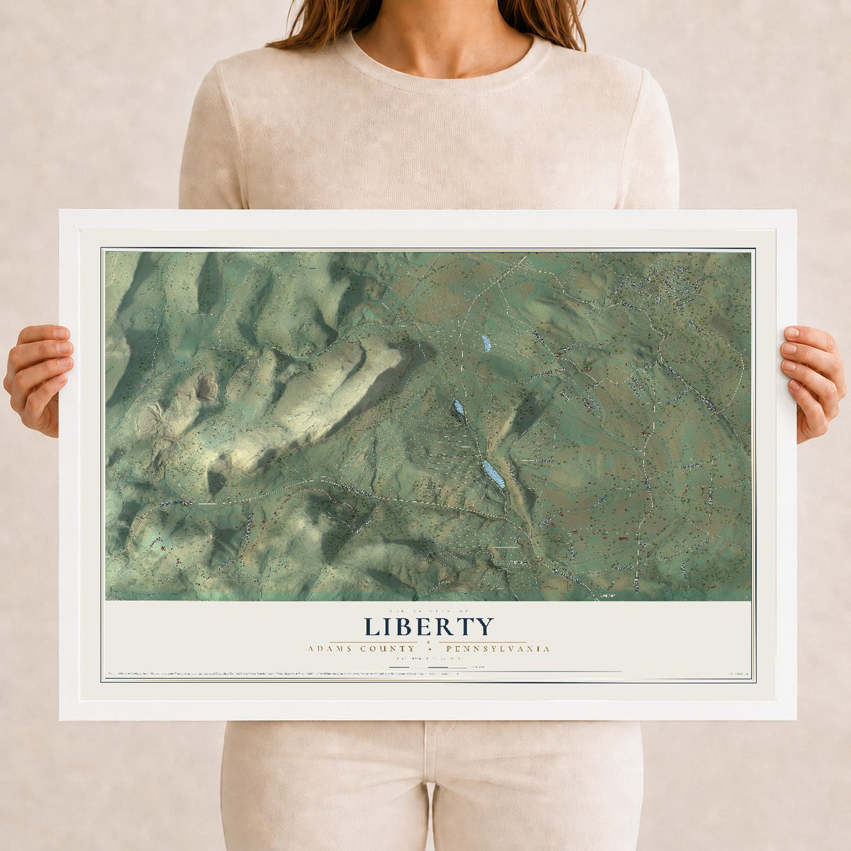 Map of Liberty, Adams County, Pennsylvania, 12 x 18 inch print in a white wood frame