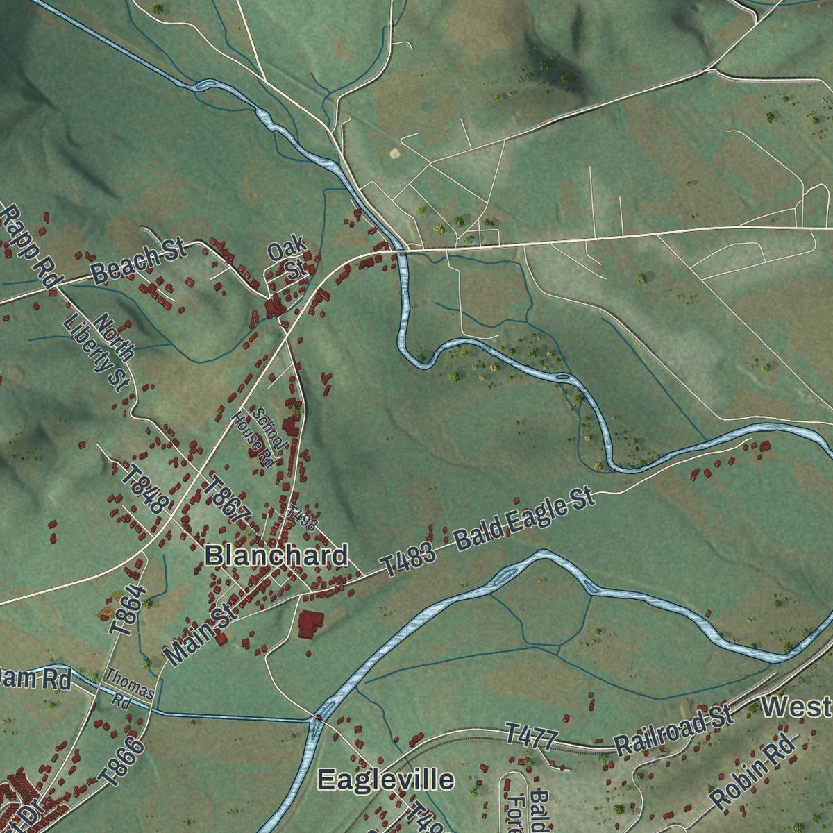 Second close-up of the map of Liberty, Centre County, Pennsylvania print showing more streets and buildings