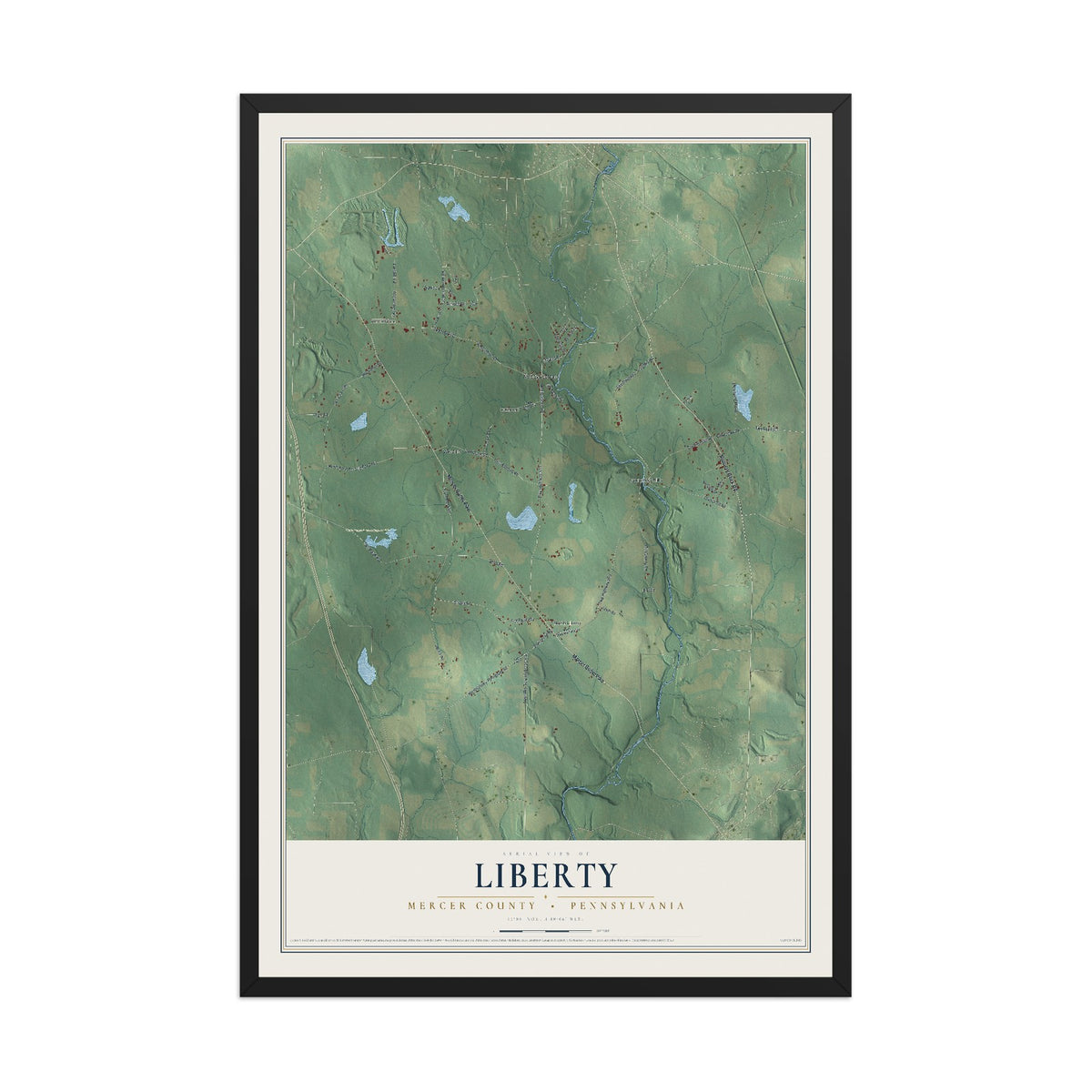 Map of Liberty, Mercer County, Pennsylvania, 12 x 18 inch print in a black wood frame