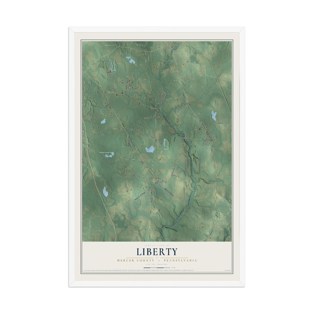 Map of Liberty, Mercer County, Pennsylvania, 12 x 18 inch print in a white wood frame