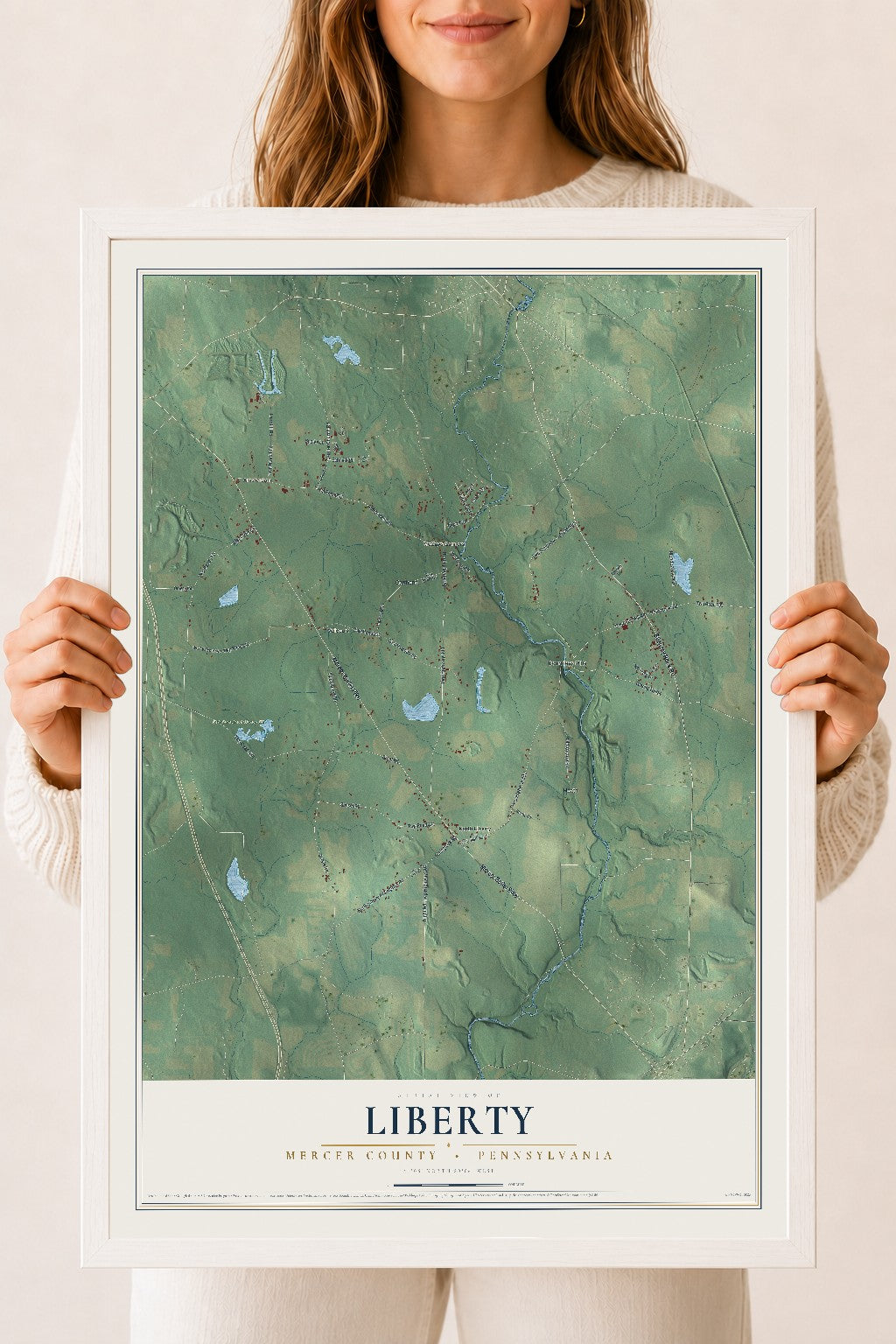 Map of Liberty, Mercer County, Pennsylvania, 18 x 24 inch print in a white wood frame