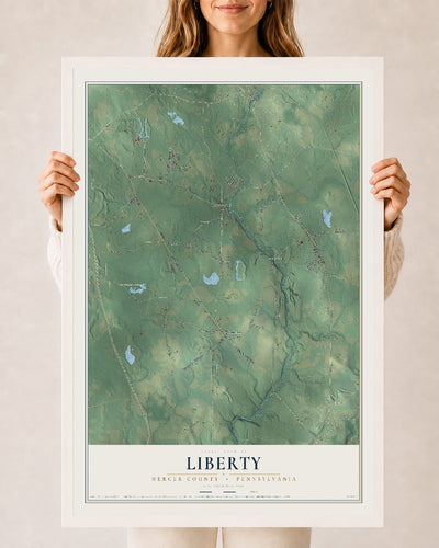 Map of Liberty, Mercer County, Pennsylvania, 24 x 36 inch print in a white wood frame