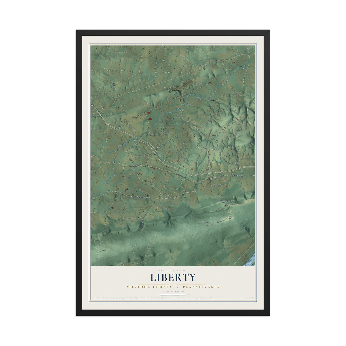 Map of Liberty, Montour County, Pennsylvania, 12 x 18 inch print in a black wood frame