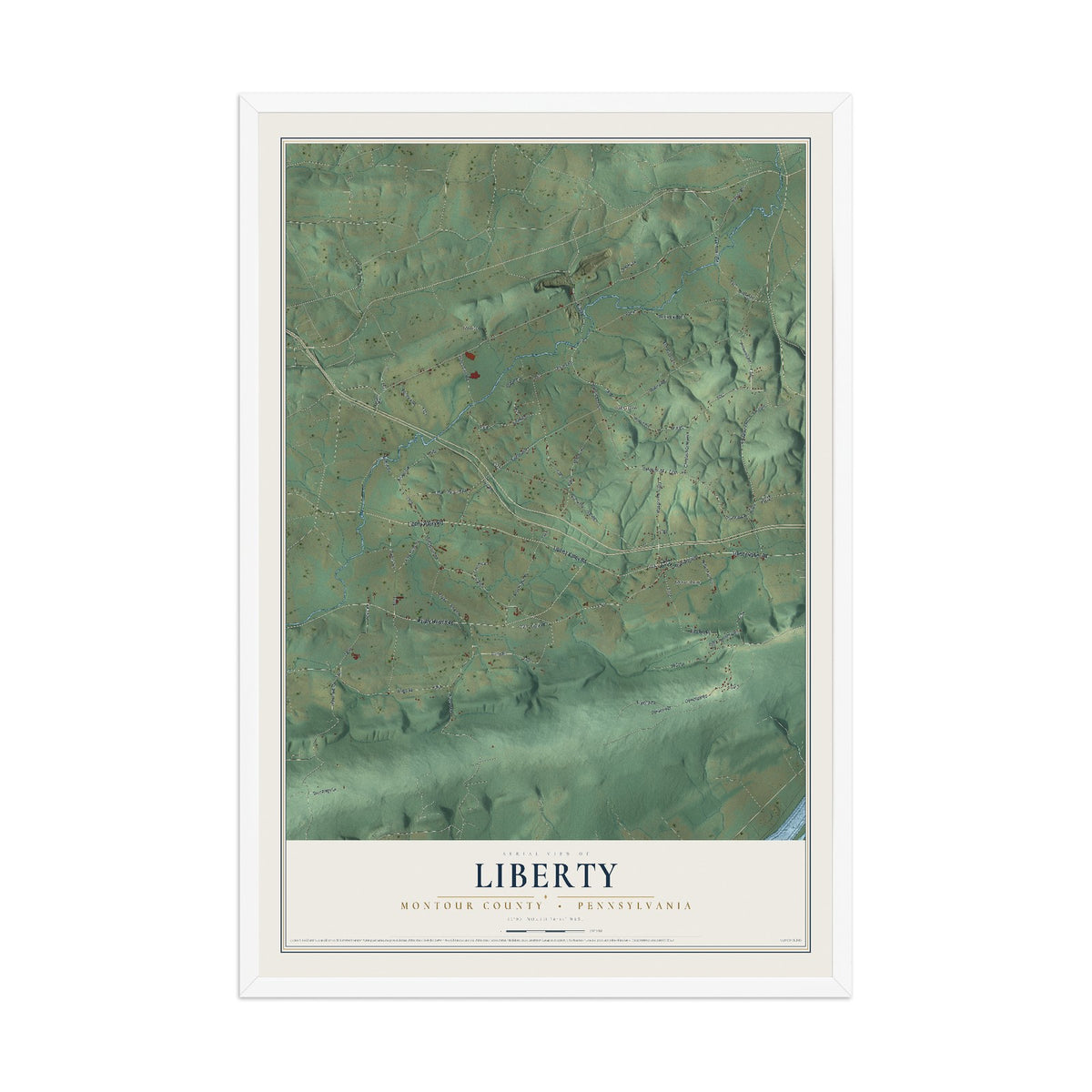 Map of Liberty, Montour County, Pennsylvania, 12 x 18 inch print in a white wood frame