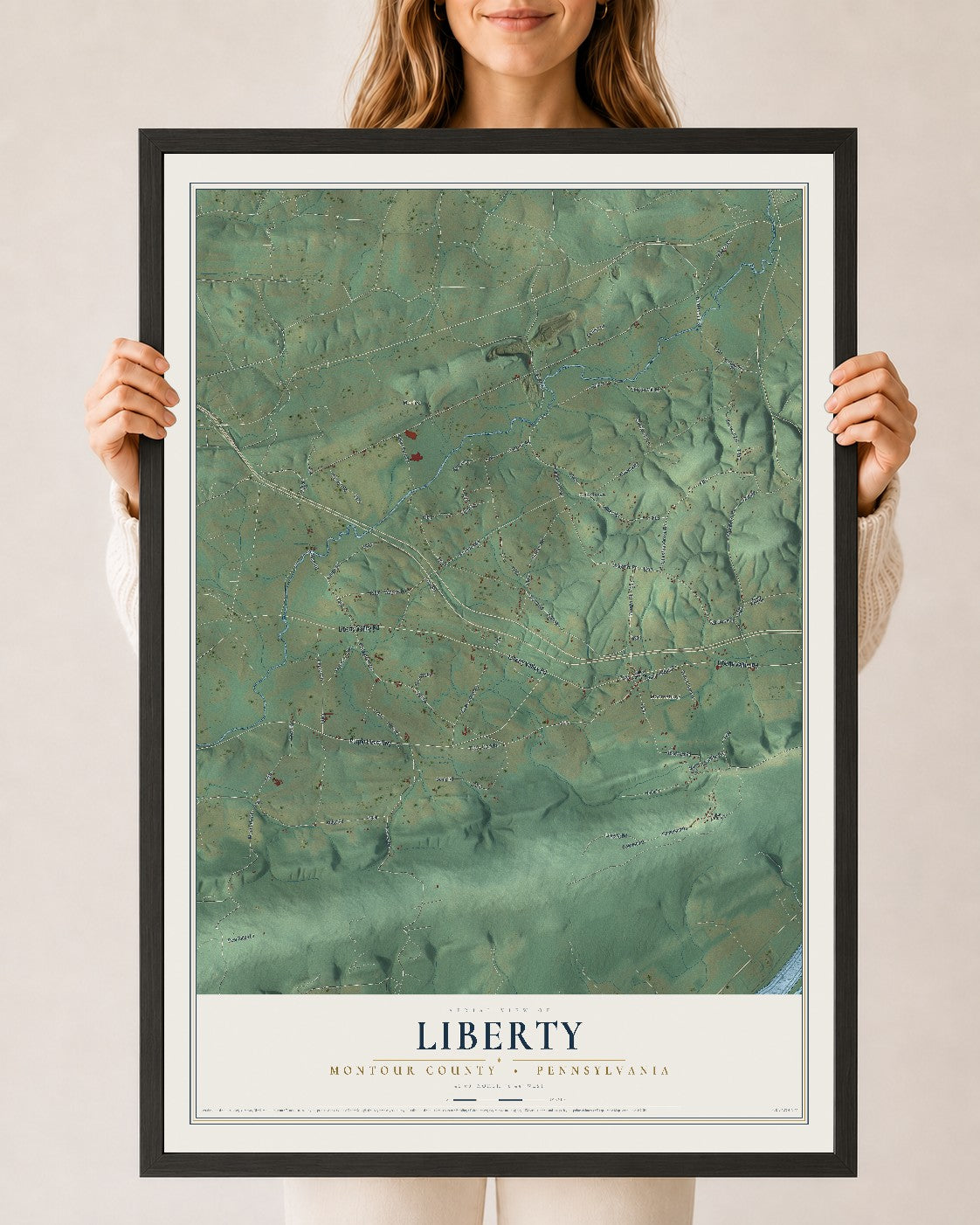 Map of Liberty, Montour County, Pennsylvania, 24 x 36 inch print in a black wood frame