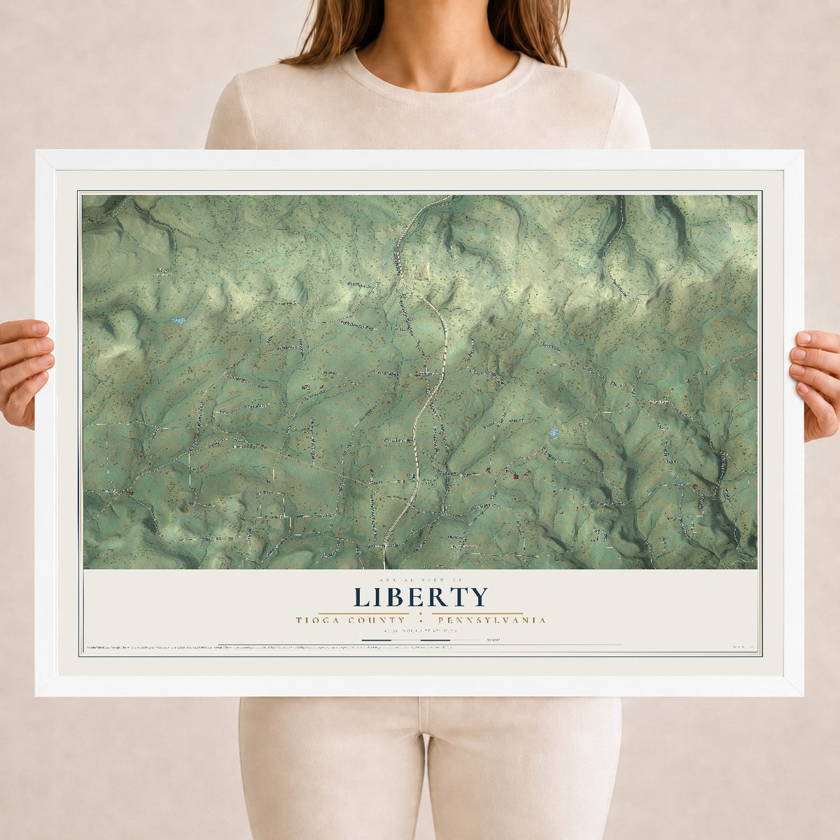 Map of Liberty, Tioga County, Pennsylvania, 18 x 24 inch print in a white wood frame