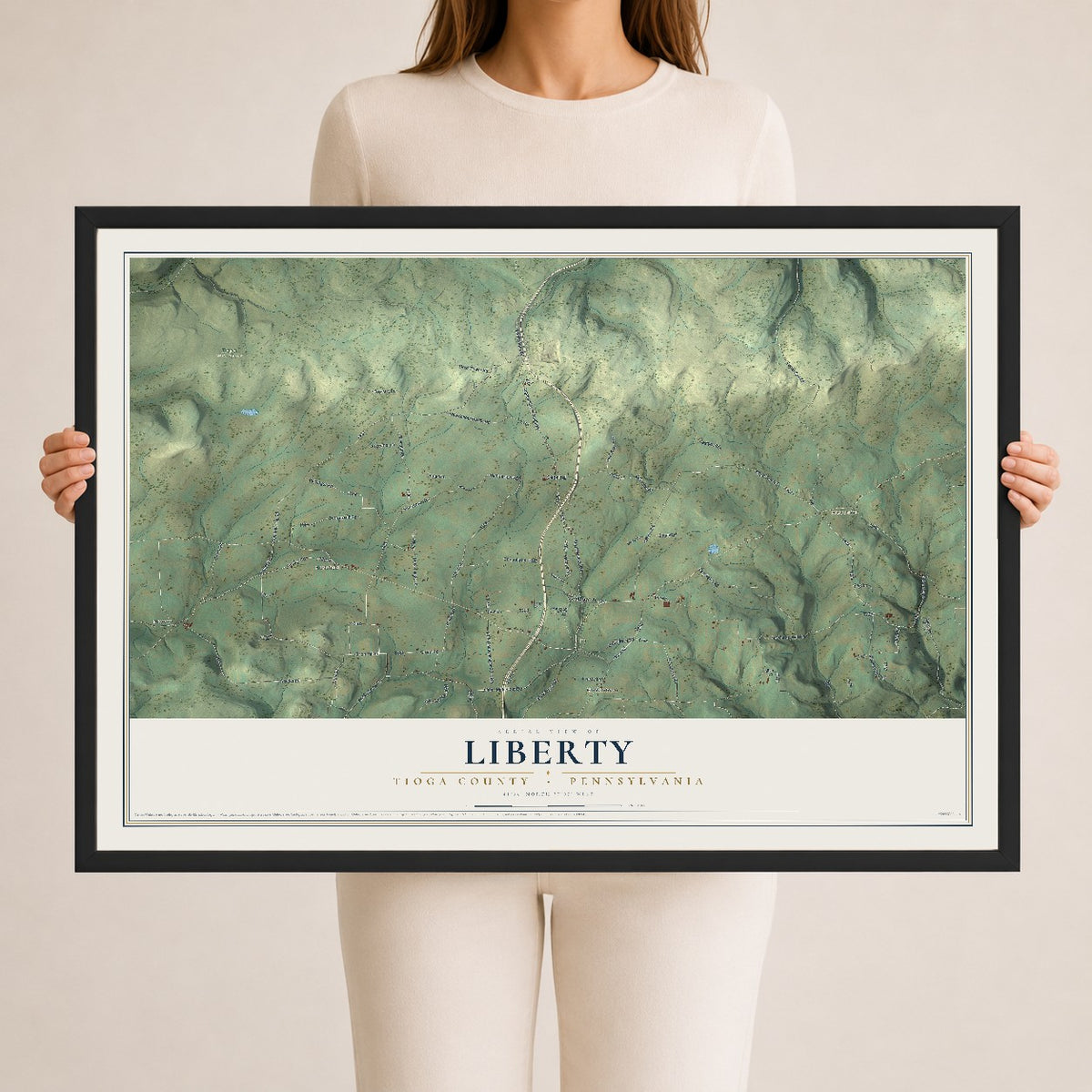 Map of Liberty, Tioga County, Pennsylvania, 24 x 36 inch print in a black wood frame