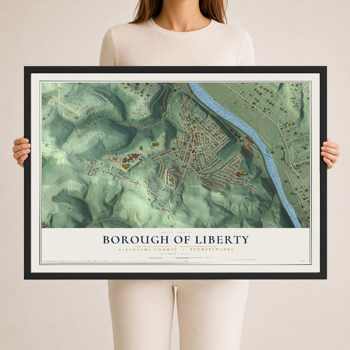 Map of the Borough of Liberty, Allegheny County, Pennsylvania, 24 x 36 inch print in a black wood frame