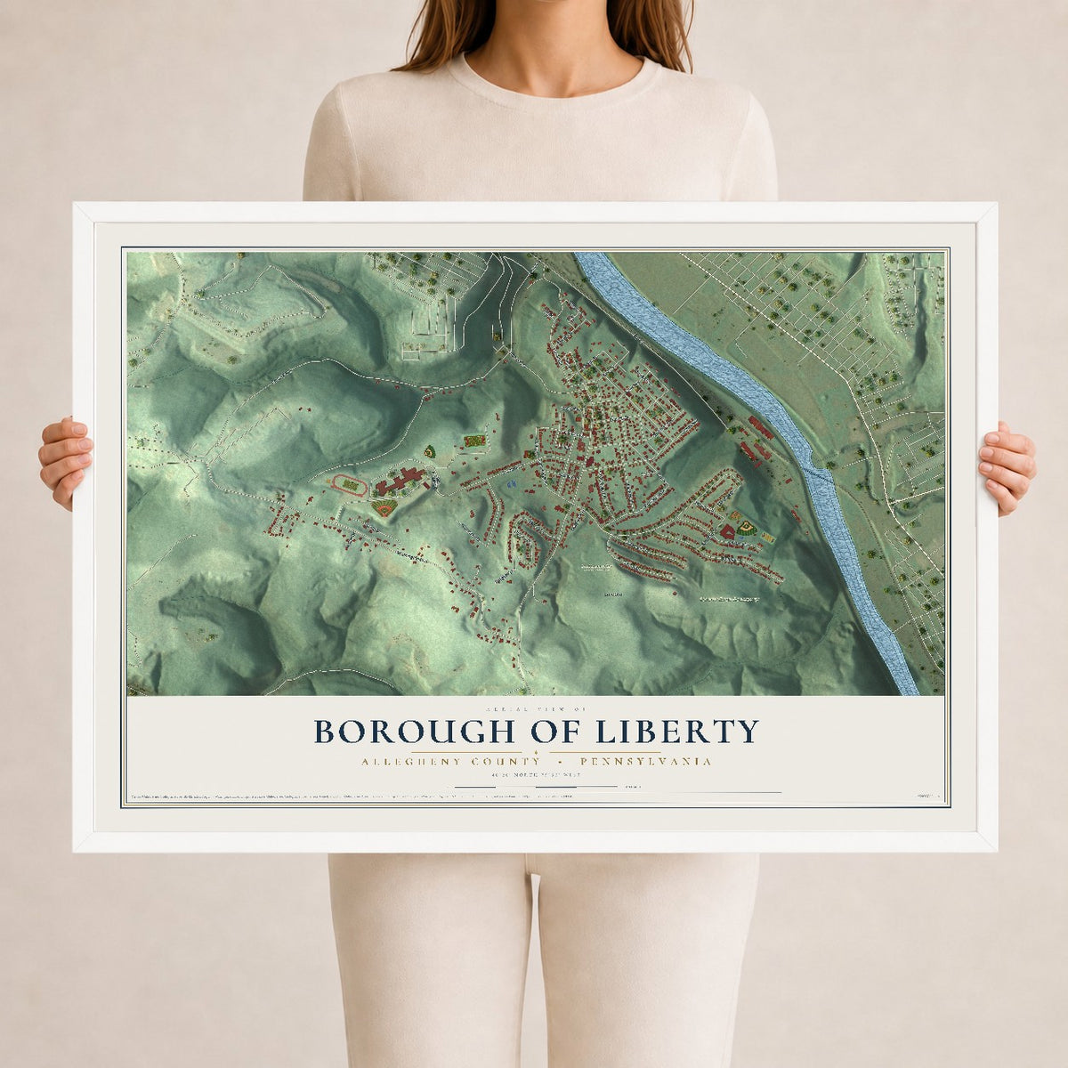 Map of the Borough of Liberty, Allegheny County, Pennsylvania, 24 x 36 inch print in a white wood frame