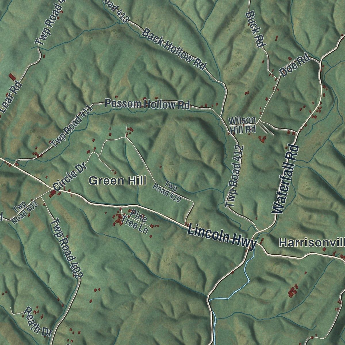 Close-up of the map of Licking Creek, Pennsylvania print showing street and building detail