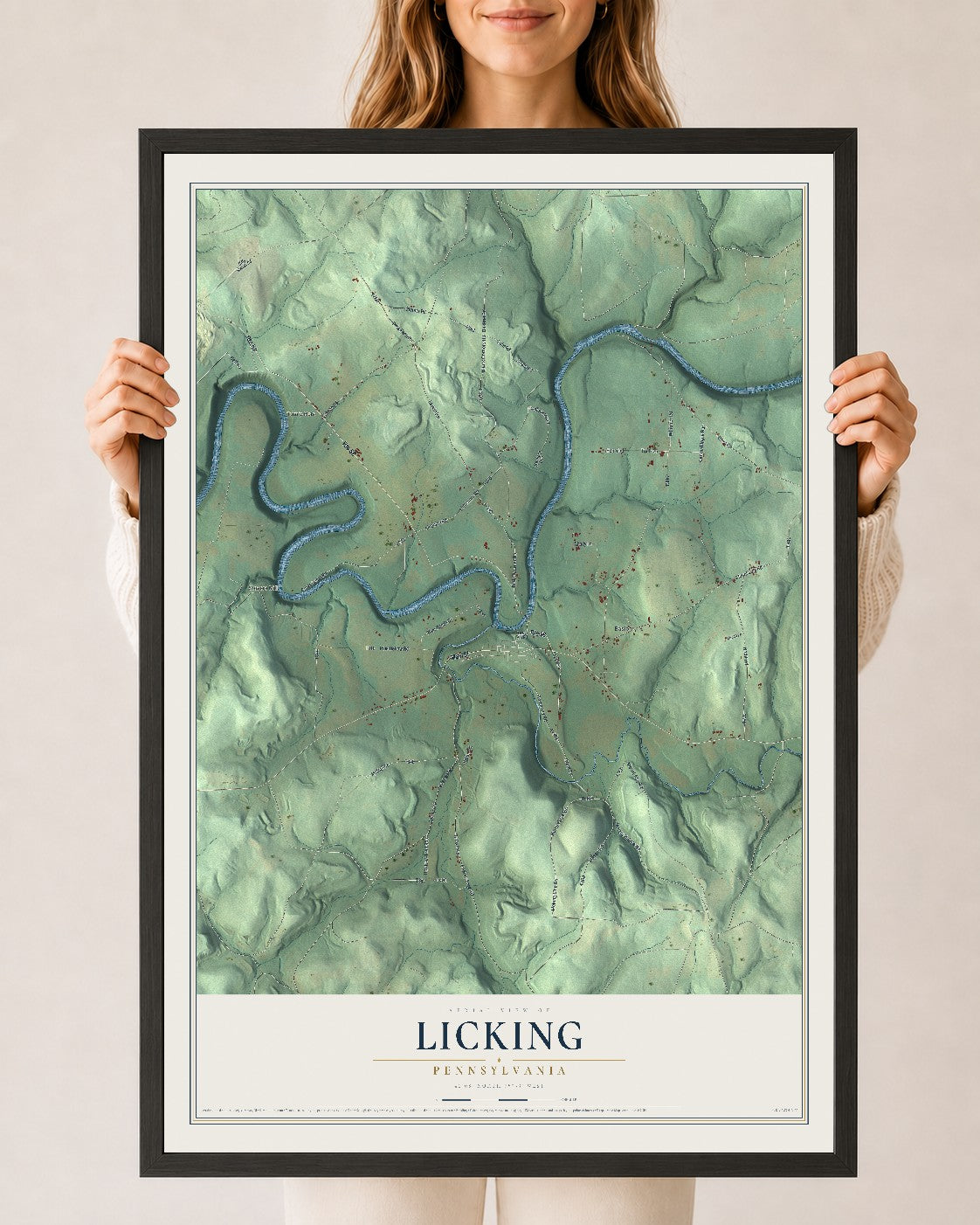 Map of Licking, Pennsylvania, 24 x 36 inch print in a black wood frame